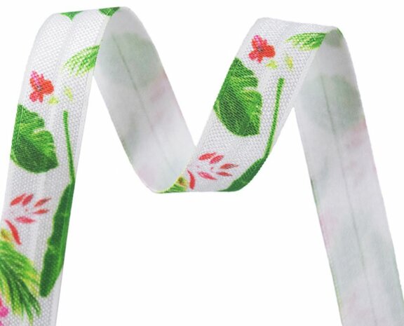 Groen en Roze 15mm elastisch biaisband bloemen