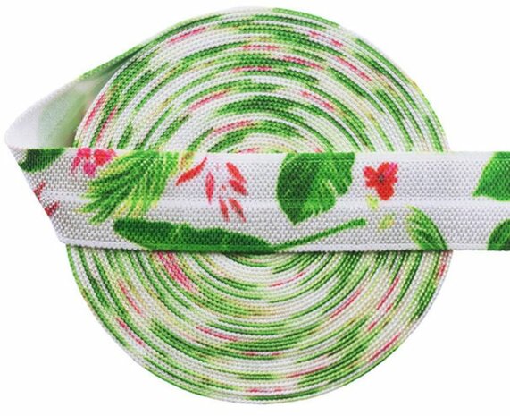 Groen en Roze 15mm elastisch biaisband bloemen